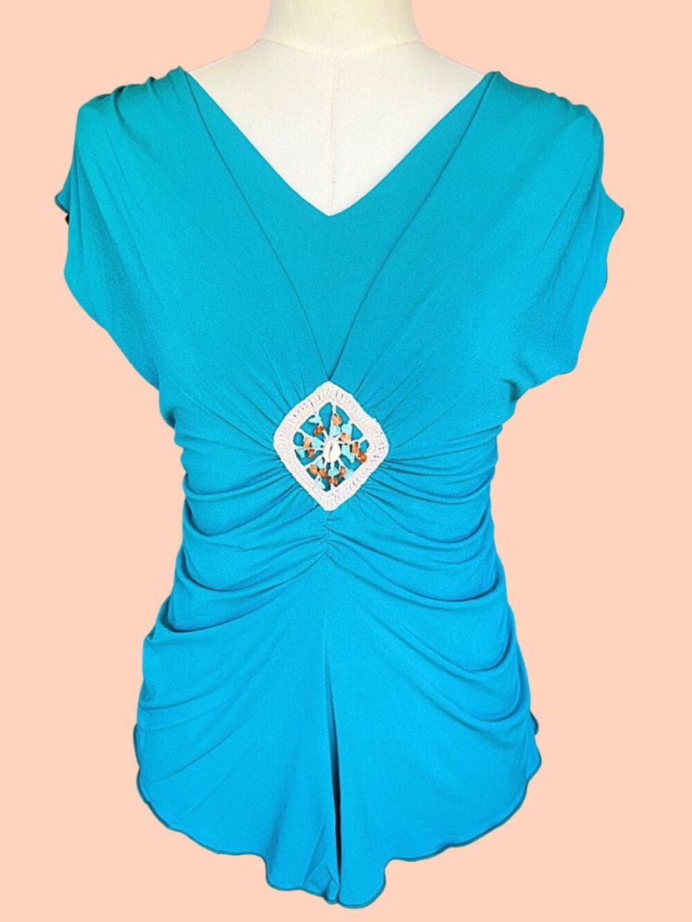 Y2K I.N. Studio Turquoise Ruched Shell Medallion Top